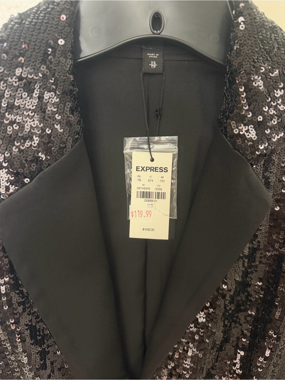 Express Black Sequin Blazer with Satin Lapel - Picture 2 of 7